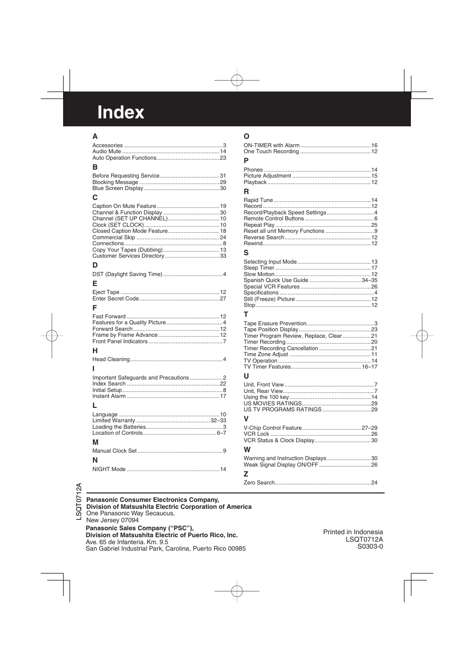 Index | Panasonic VV-1303 User Manual | Page 36 / 36