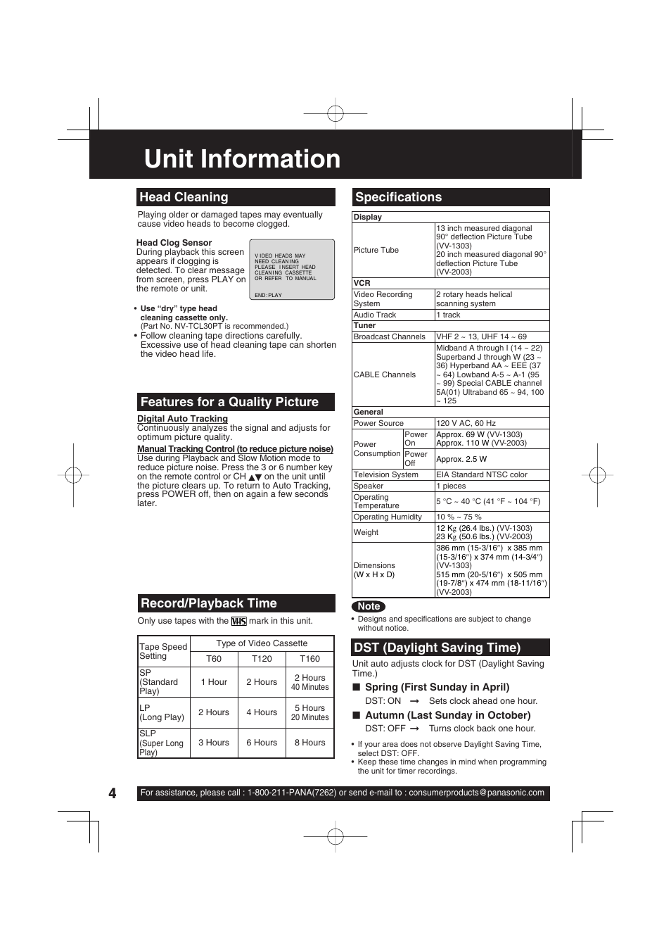 Unit information, Head cleaning record/playback time, Dst (daylight saving time) | Specifi cations, Features for a quality picture | Panasonic VV-1303 User Manual | Page 4 / 36
