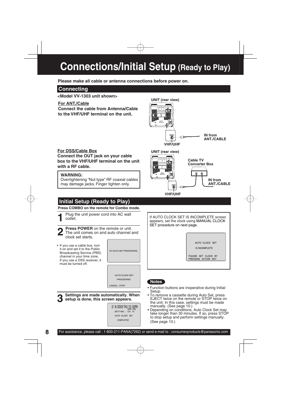 Connections/initial setup (ready to play), Connections/initial setup, Ready to play) | Initial setup (ready to play), Connecting | Panasonic VV-1303 User Manual | Page 8 / 36