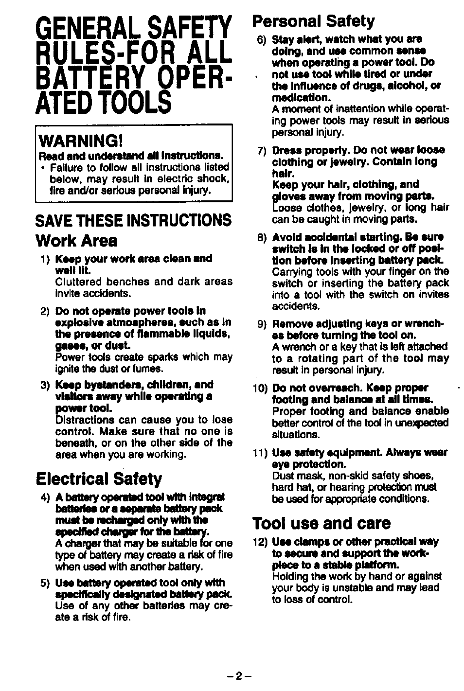 Warningi, Save these instructions work area, Electrical safety | Personal safety, Tool use and care | Panasonic EY6812 User Manual | Page 2 / 12