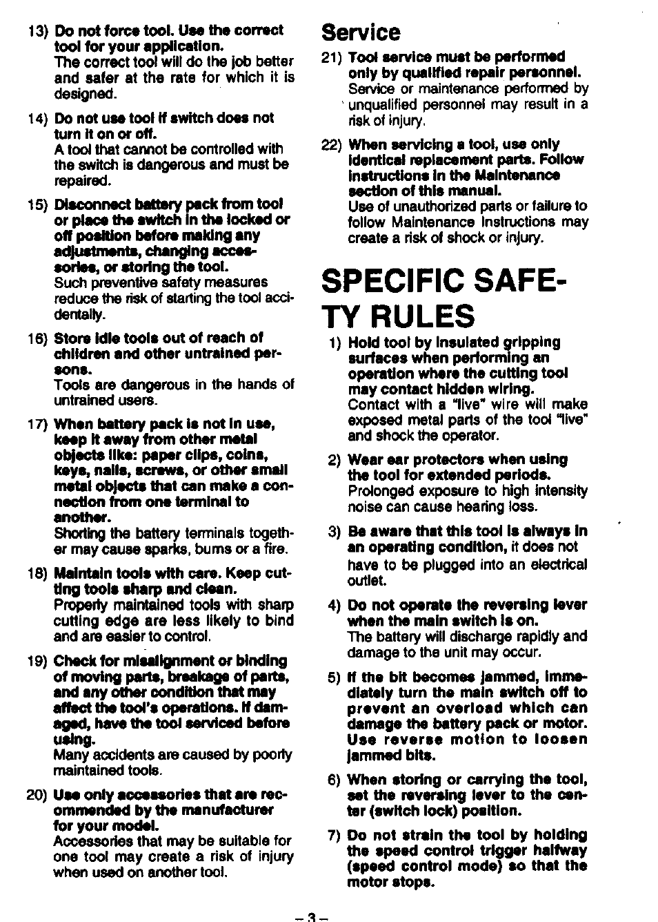 Specific safe­ ty rules, Service | Panasonic EY6812 User Manual | Page 3 / 12