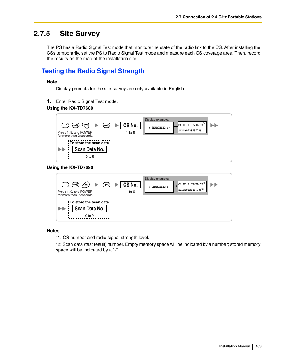 5 site survey, Testing the radio signal strength, Cs no | Scan data no | Panasonic HYBRID IP-PBX KX-TDA50 User Manual | Page 103 / 158