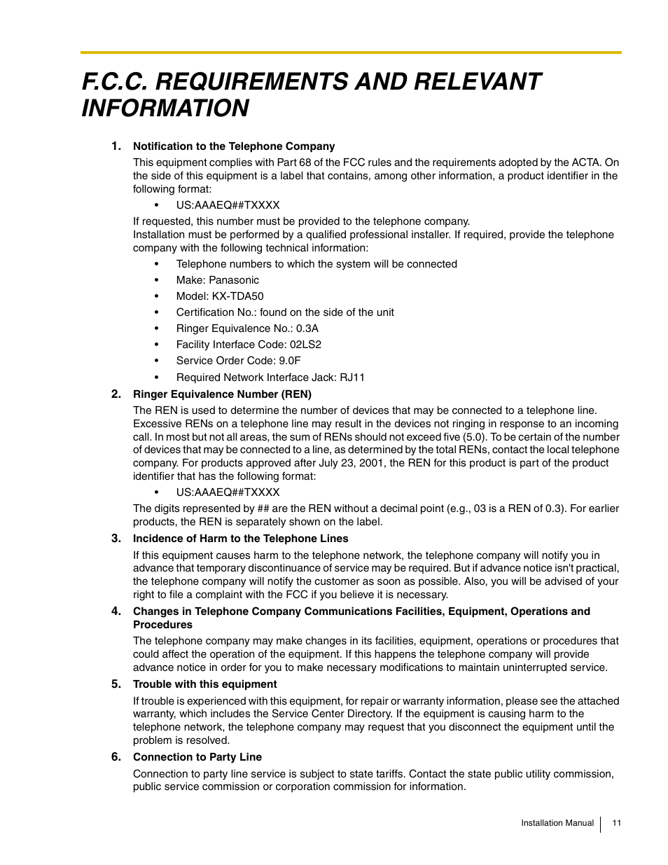 F.c.c. requirements and relevant information | Panasonic HYBRID IP-PBX KX-TDA50 User Manual | Page 11 / 158