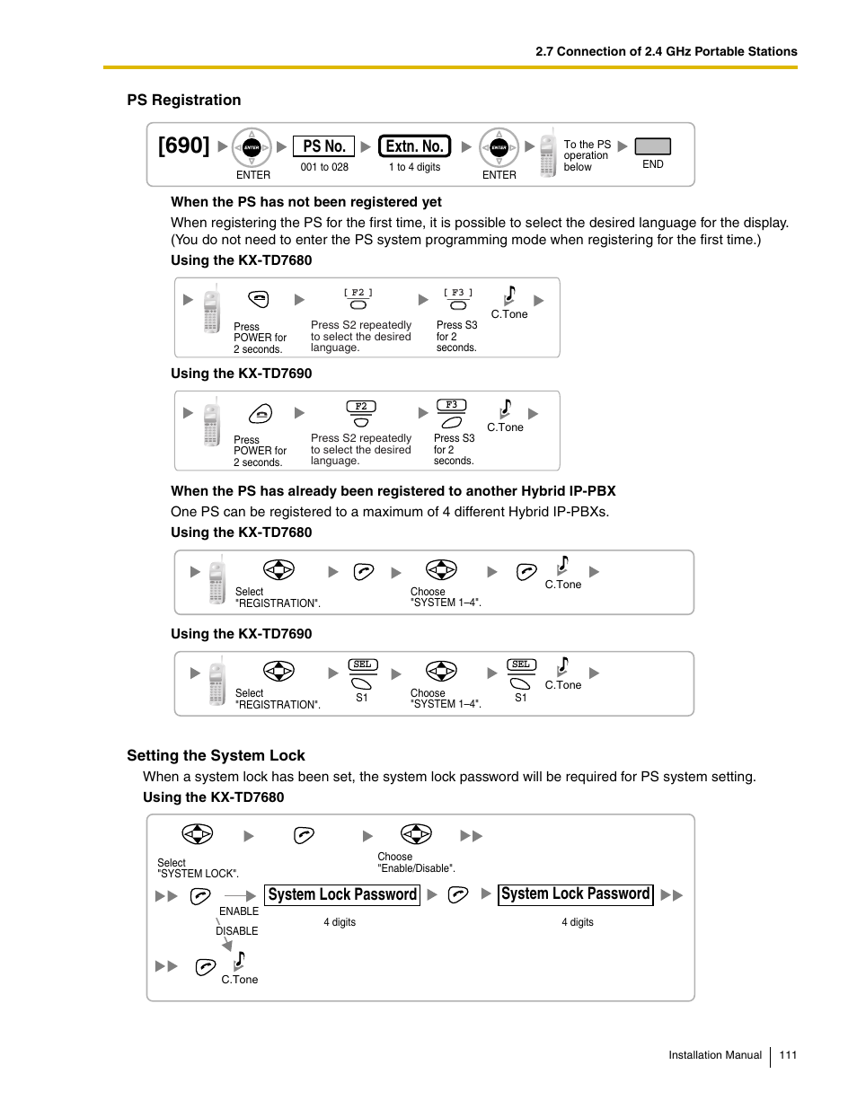 Ps no, Extn. no, System lock password | Ps registration, Setting the system lock | Panasonic HYBRID IP-PBX KX-TDA50 User Manual | Page 111 / 158