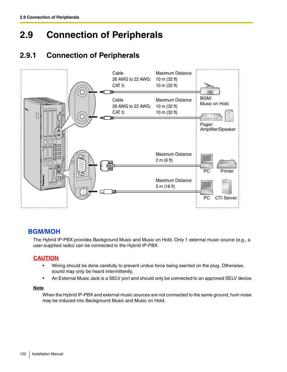 9 connection of peripherals, 1 connection of peripherals, Bgm/moh | Panasonic HYBRID IP-PBX KX-TDA50 User Manual | Page 120 / 158