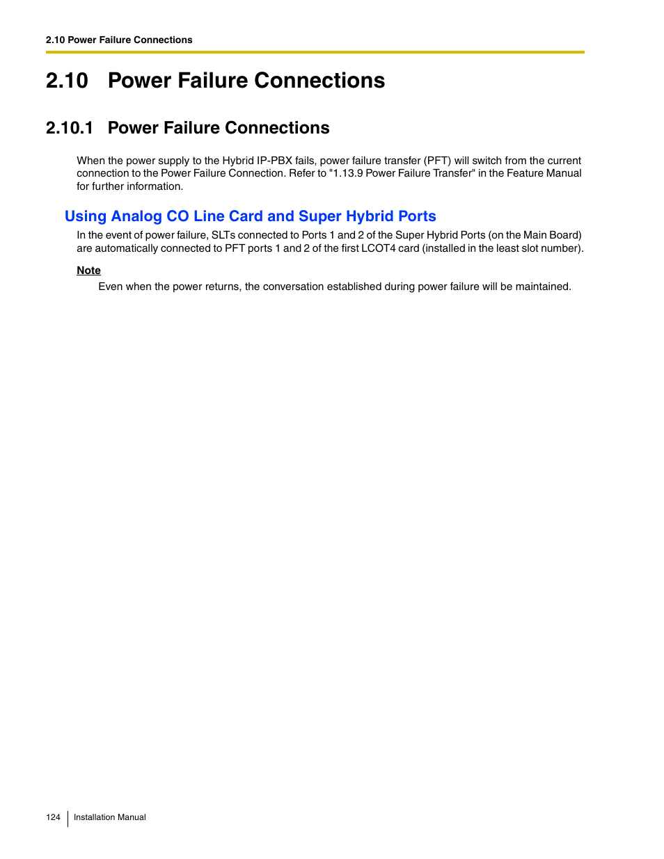 10 power failure connections, 1 power failure connections, Using analog co line card and super hybrid ports | Panasonic HYBRID IP-PBX KX-TDA50 User Manual | Page 124 / 158