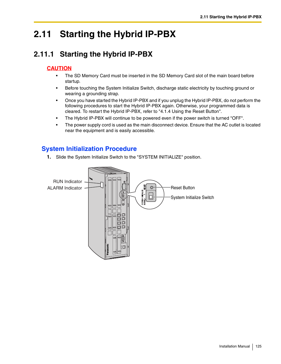 11 starting the hybrid ip-pbx, 1 starting the hybrid ip-pbx, System initialization procedure | Panasonic HYBRID IP-PBX KX-TDA50 User Manual | Page 125 / 158