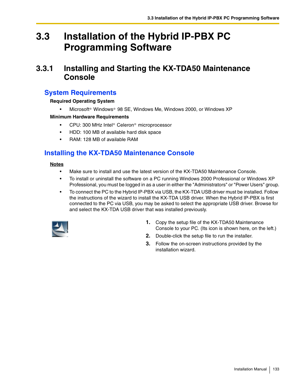System requirements, Installing the kx-tda50 maintenance console | Panasonic HYBRID IP-PBX KX-TDA50 User Manual | Page 133 / 158