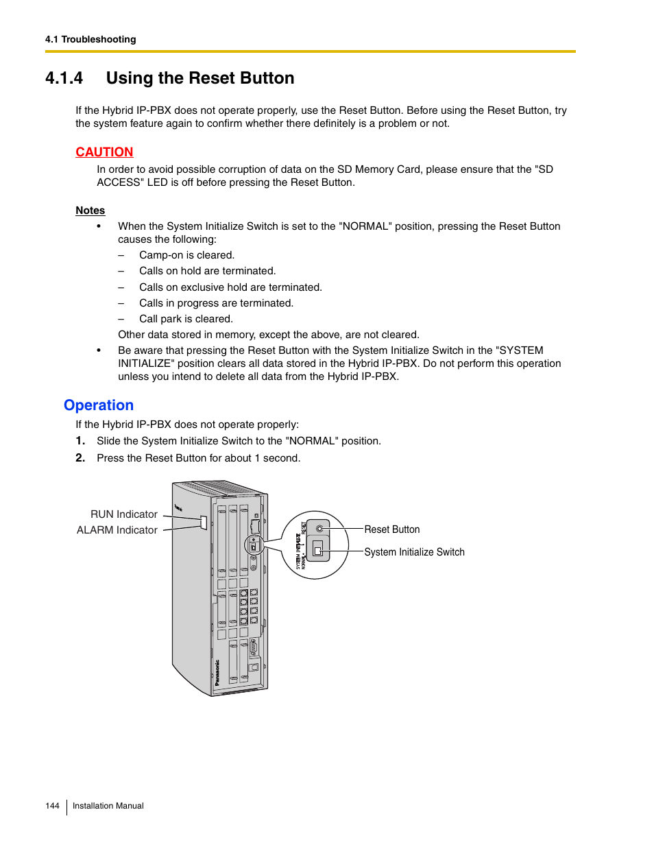 4 using the reset button, Operation | Panasonic HYBRID IP-PBX KX-TDA50 User Manual | Page 144 / 158