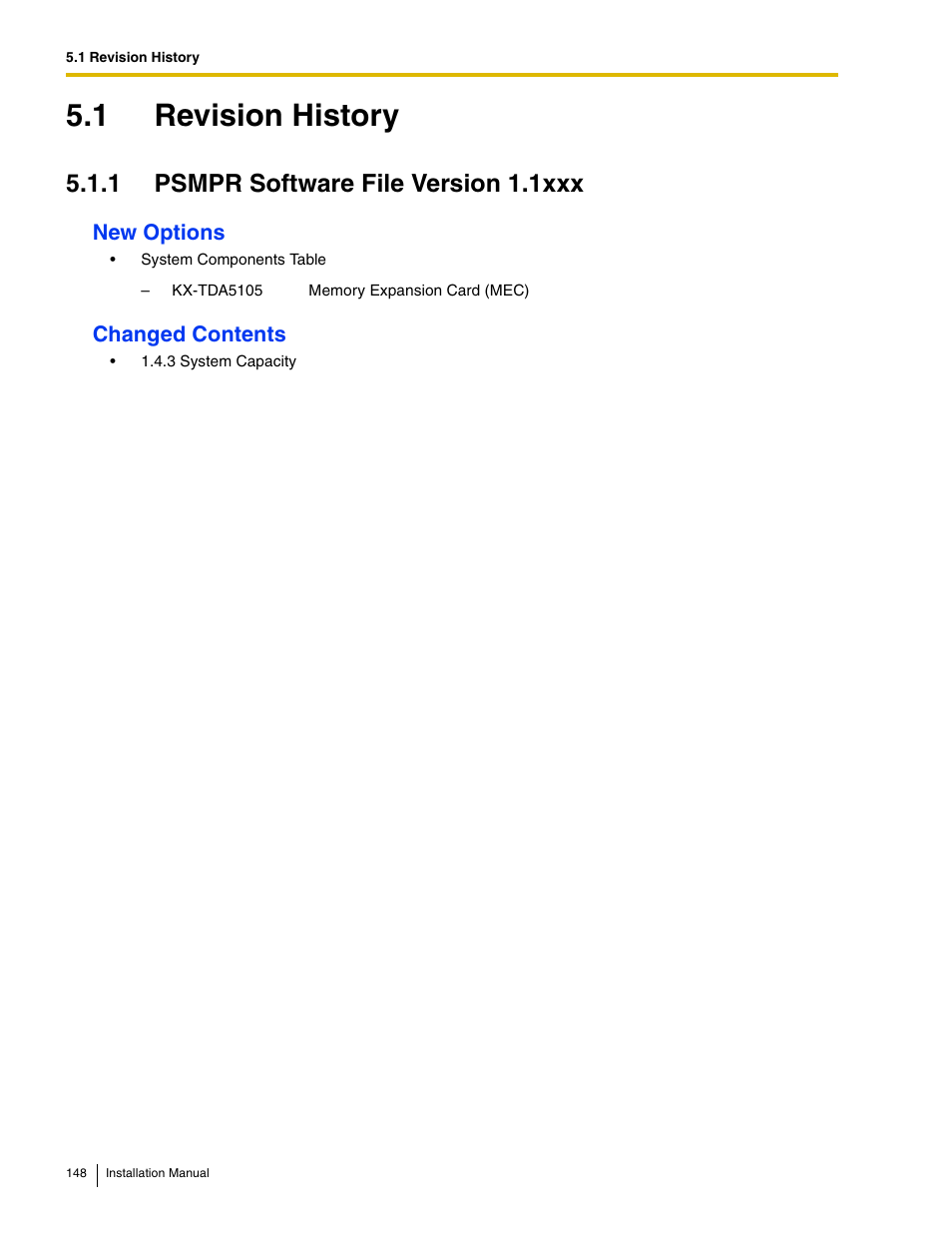 1 revision history, 1 psmpr software file version 1.1xxx | Panasonic HYBRID IP-PBX KX-TDA50 User Manual | Page 148 / 158