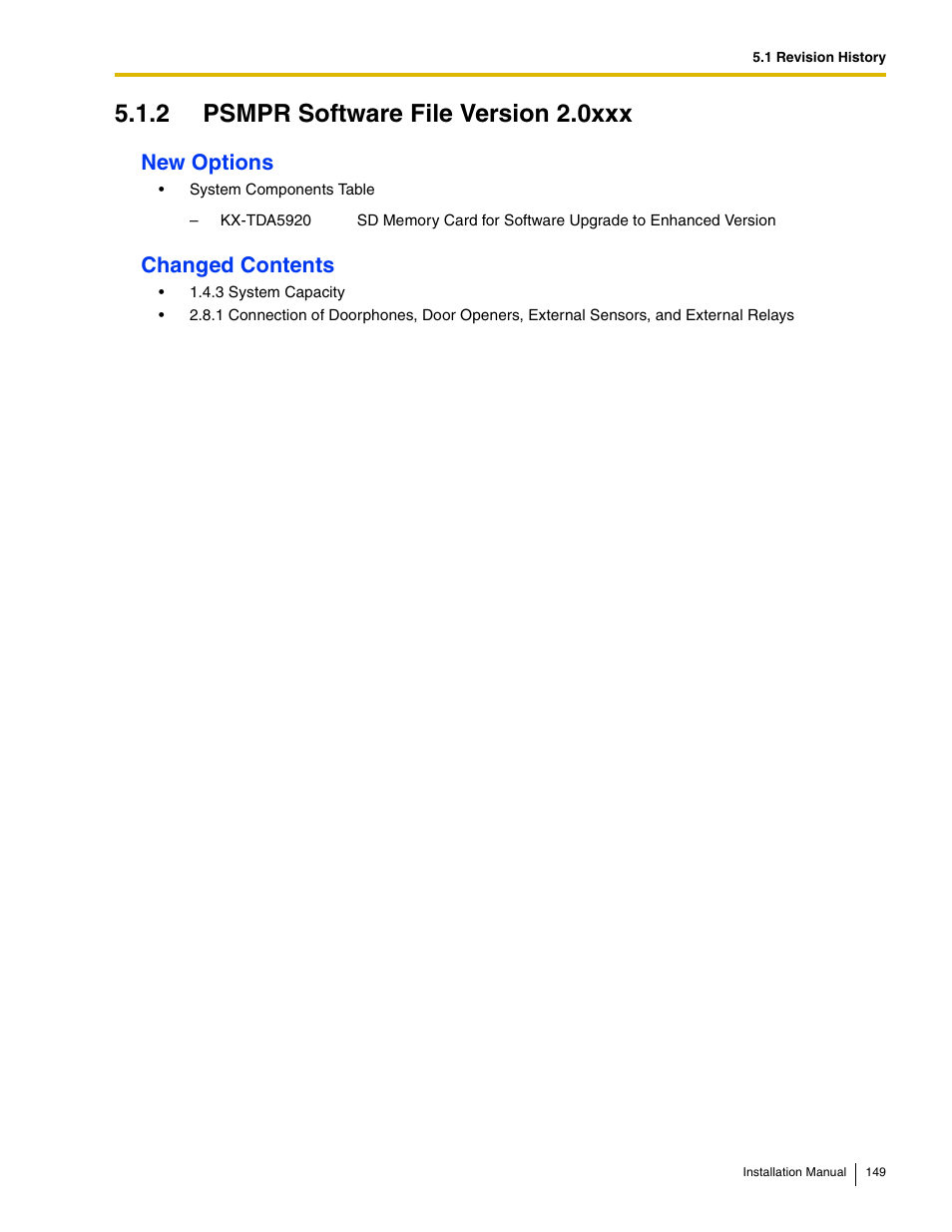 2 psmpr software file version 2.0xxx, New options, Changed contents | Panasonic HYBRID IP-PBX KX-TDA50 User Manual | Page 149 / 158
