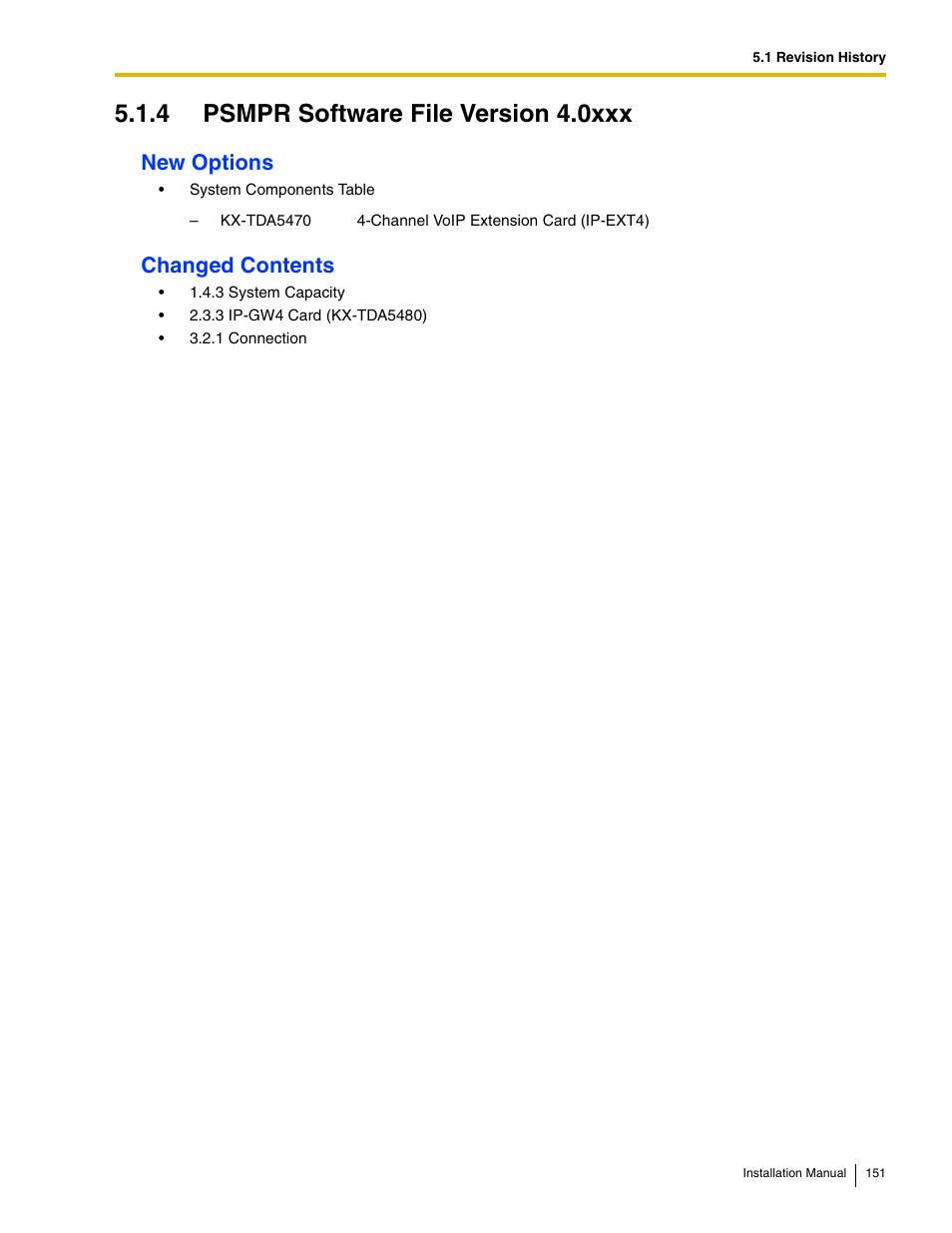 4 psmpr software file version 4.0xxx, New options, Changed contents | Panasonic HYBRID IP-PBX KX-TDA50 User Manual | Page 151 / 158