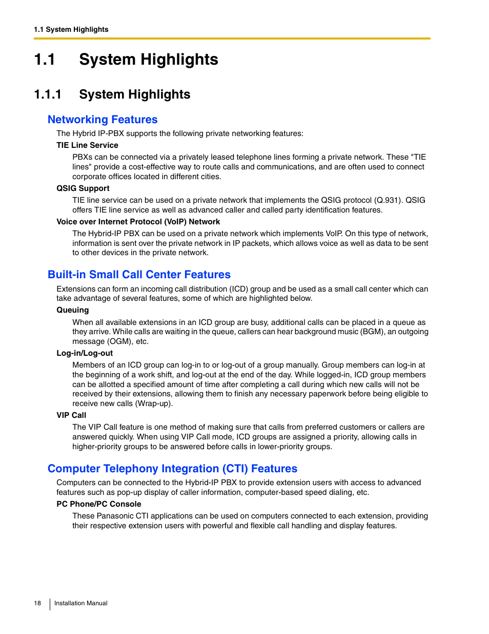 1 system highlights, Networking features, Built-in small call center features | Computer telephony integration (cti) features | Panasonic HYBRID IP-PBX KX-TDA50 User Manual | Page 18 / 158