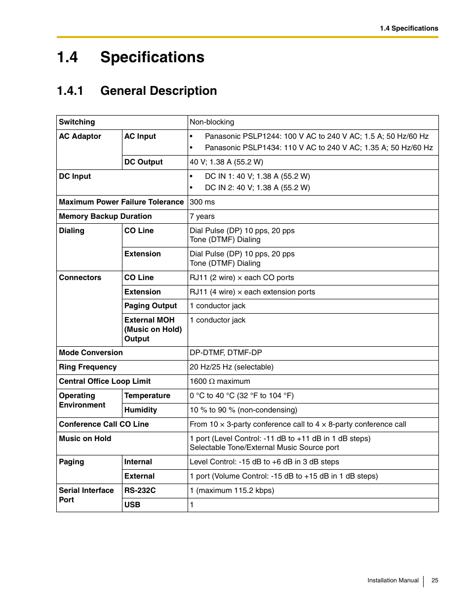 4 specifications, 1 general description | Panasonic HYBRID IP-PBX KX-TDA50 User Manual | Page 25 / 158