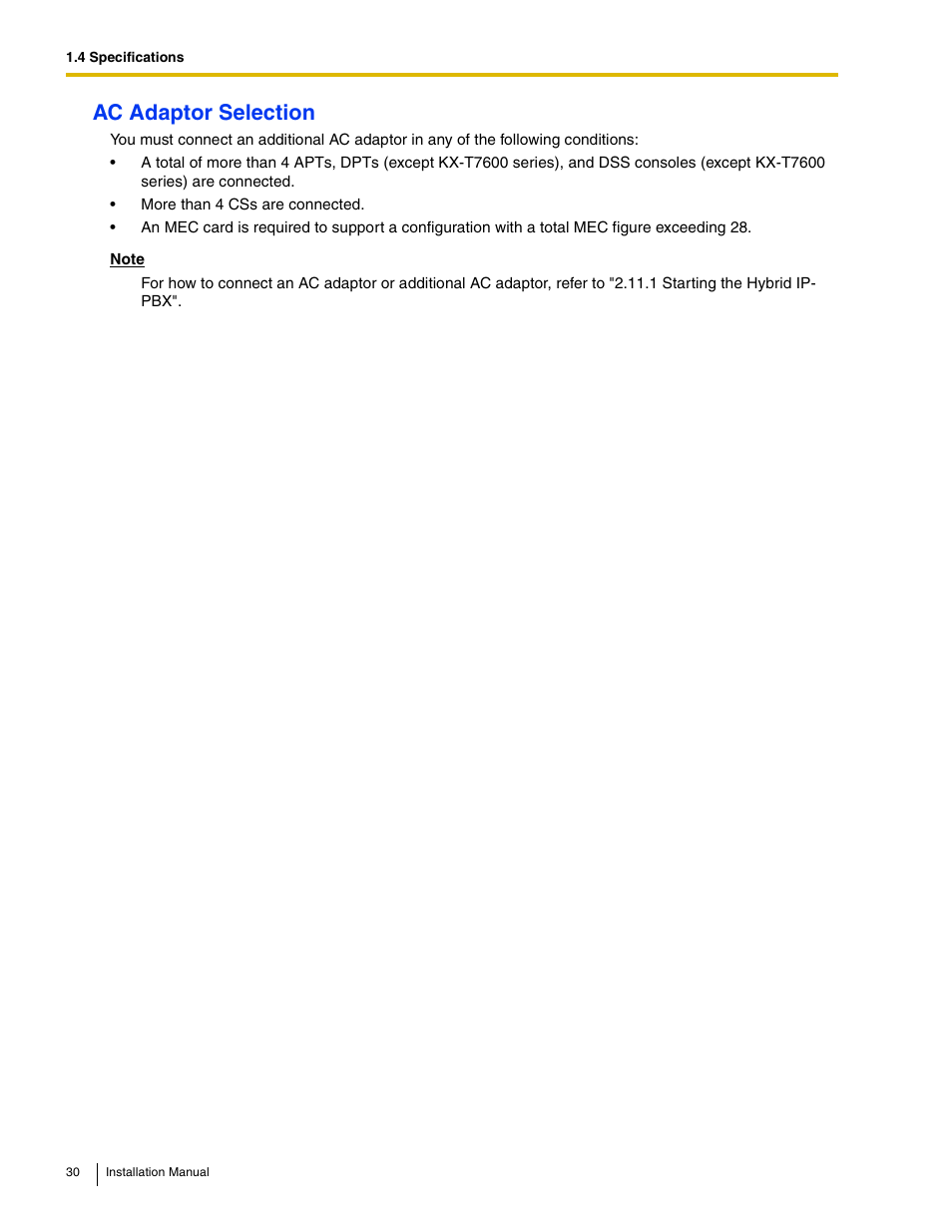 Ac adaptor selection | Panasonic HYBRID IP-PBX KX-TDA50 User Manual | Page 30 / 158
