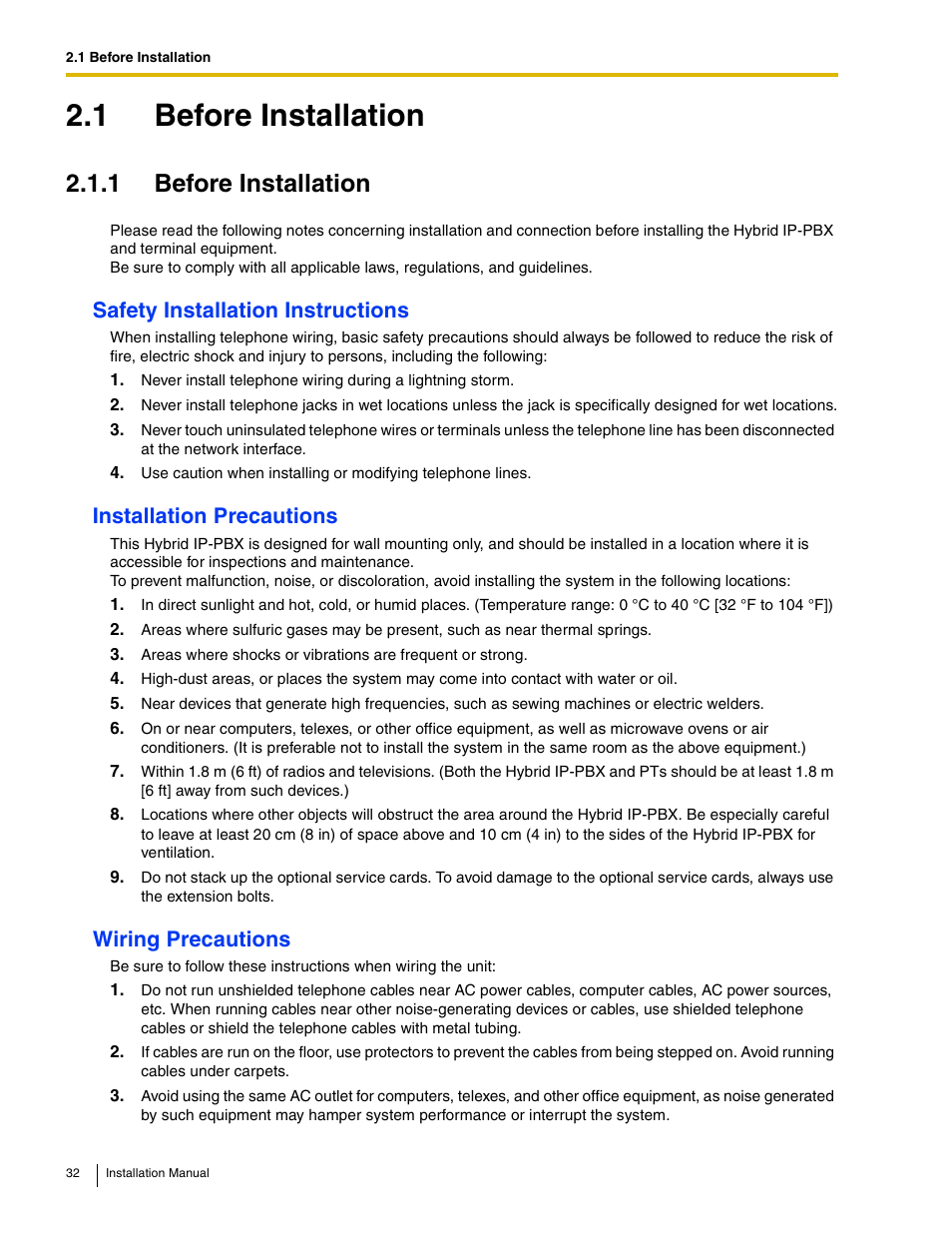 1 before installation, Safety installation instructions, Installation precautions | Wiring precautions | Panasonic HYBRID IP-PBX KX-TDA50 User Manual | Page 32 / 158