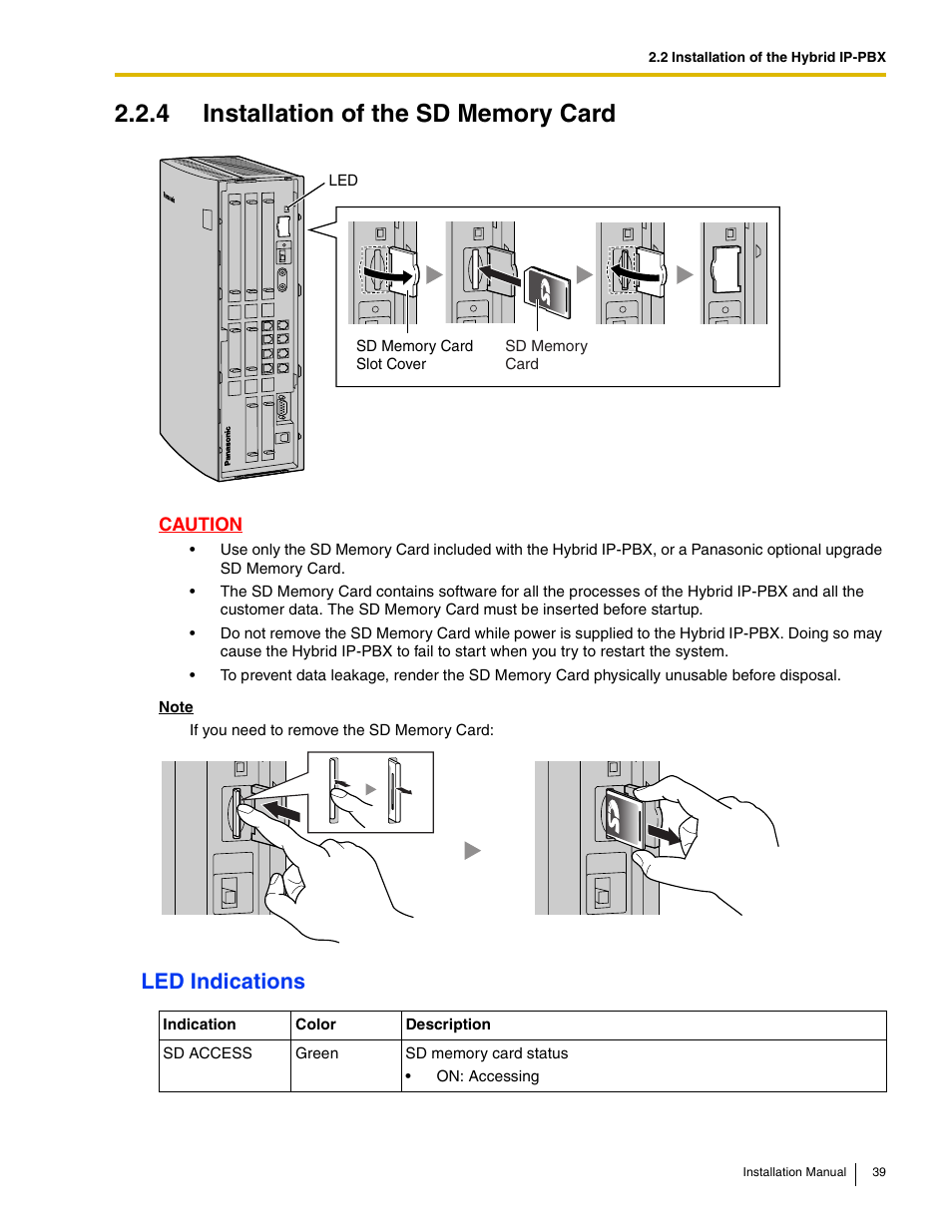 4 installation of the sd memory card, Led indications | Panasonic HYBRID IP-PBX KX-TDA50 User Manual | Page 39 / 158