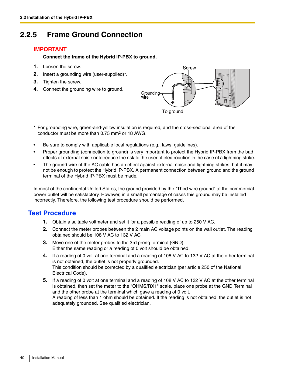 5 frame ground connection, Test procedure | Panasonic HYBRID IP-PBX KX-TDA50 User Manual | Page 40 / 158