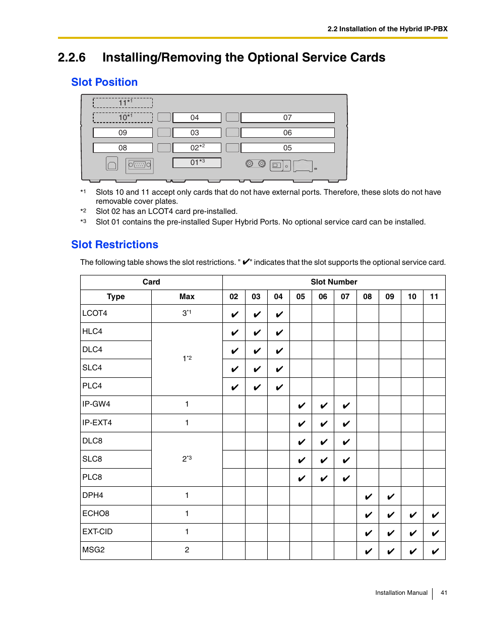6 installing/removing the optional service cards, Slot position slot restrictions | Panasonic HYBRID IP-PBX KX-TDA50 User Manual | Page 41 / 158