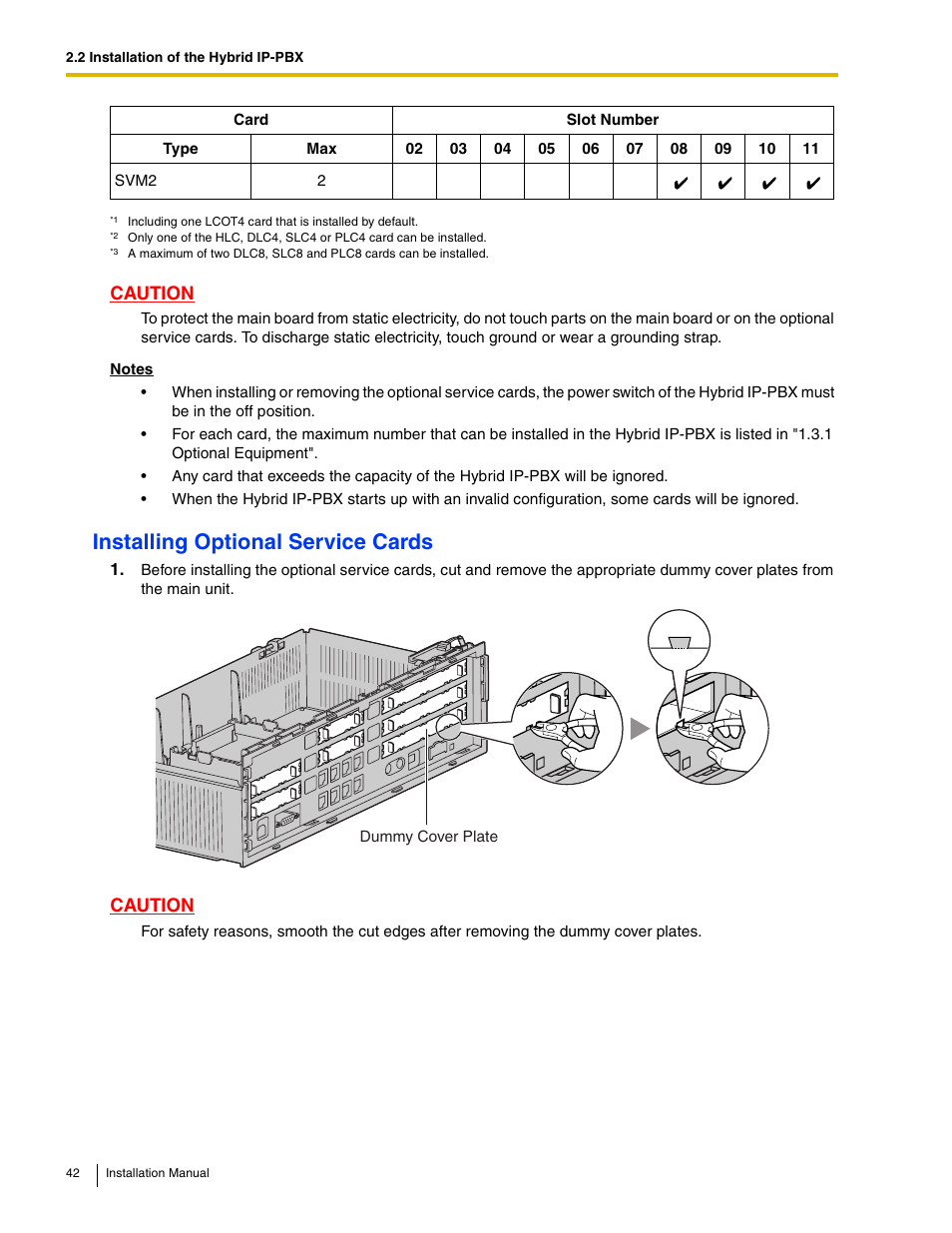 Installing optional service cards, Caution | Panasonic HYBRID IP-PBX KX-TDA50 User Manual | Page 42 / 158