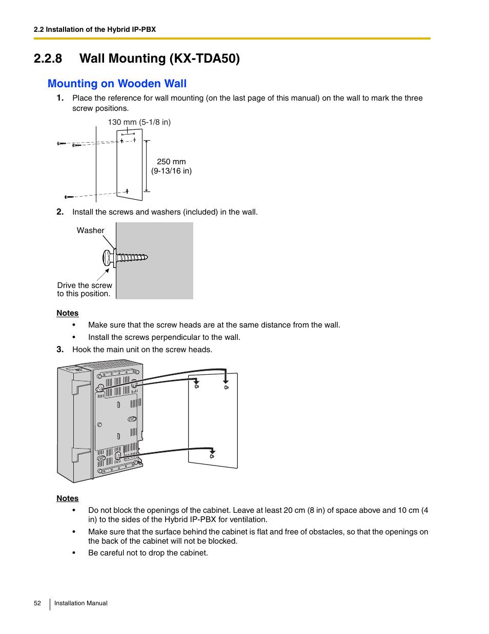 8 wall mounting (kx-tda50), Mounting on wooden wall | Panasonic HYBRID IP-PBX KX-TDA50 User Manual | Page 52 / 158