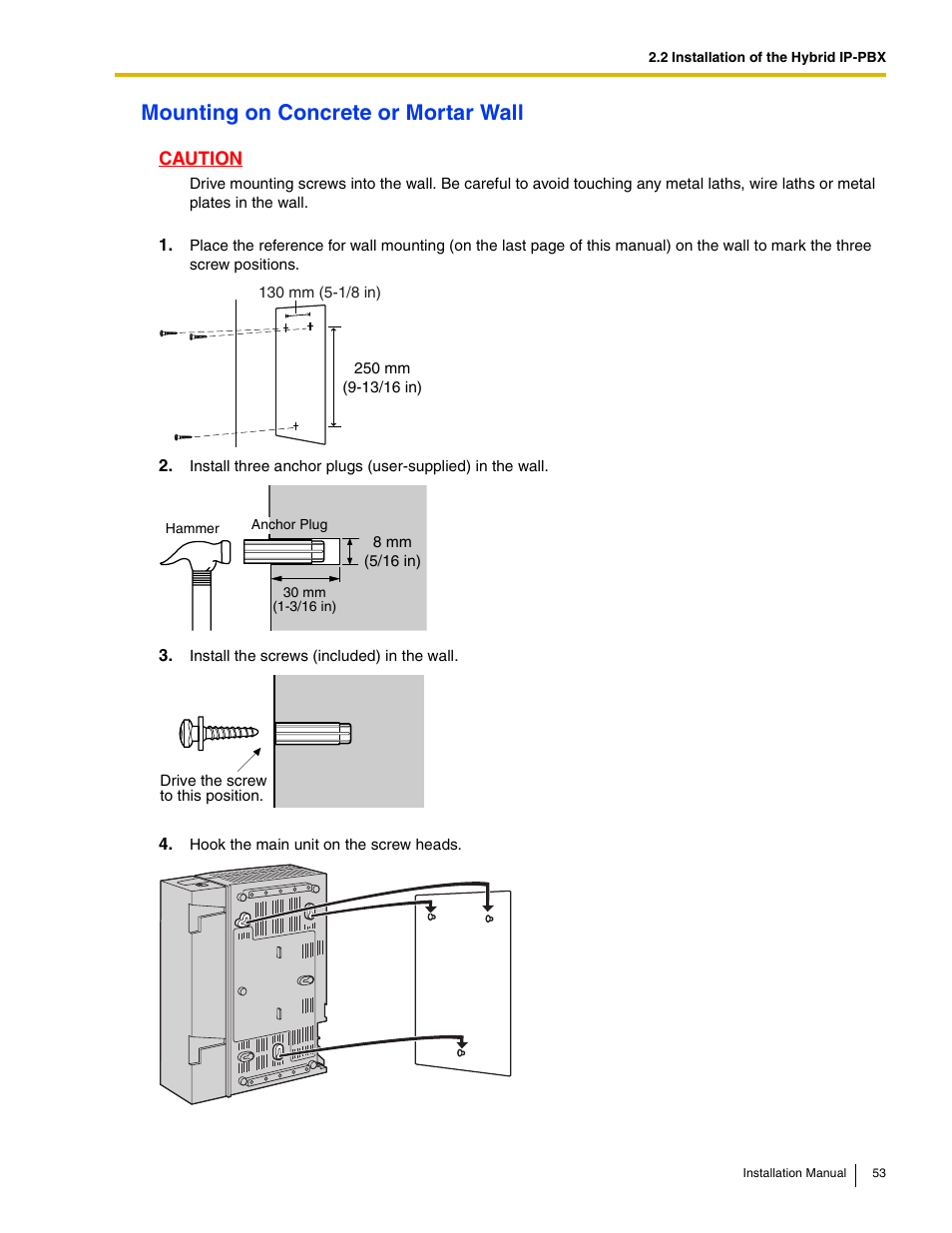 Mounting on concrete or mortar wall | Panasonic HYBRID IP-PBX KX-TDA50 User Manual | Page 53 / 158