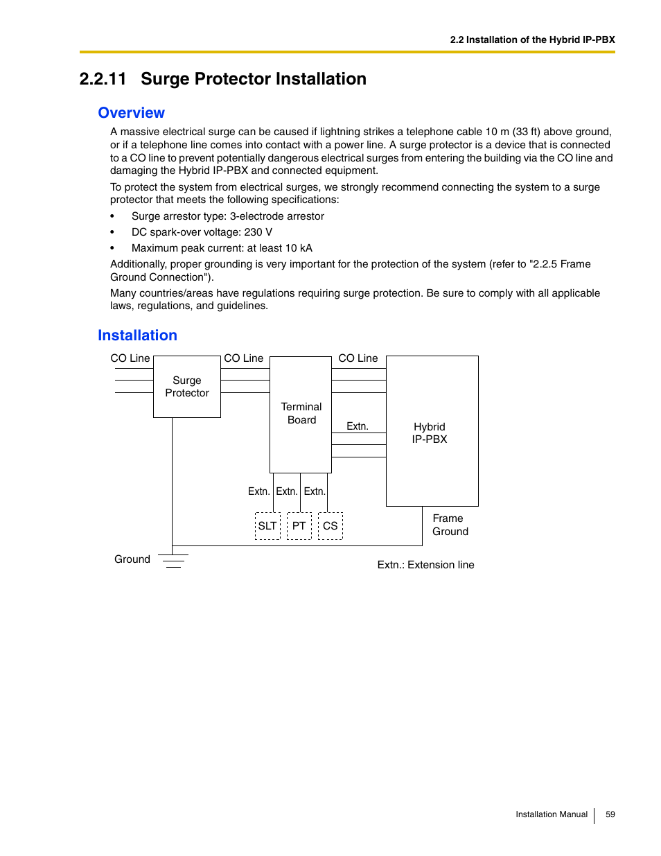 11 surge protector installation, Overview, Installation | Panasonic HYBRID IP-PBX KX-TDA50 User Manual | Page 59 / 158