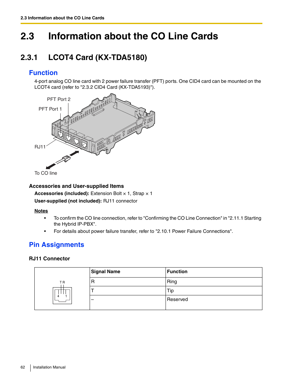 3 information about the co line cards, 1 lcot4 card (kx-tda5180), Function | Pin assignments | Panasonic HYBRID IP-PBX KX-TDA50 User Manual | Page 62 / 158