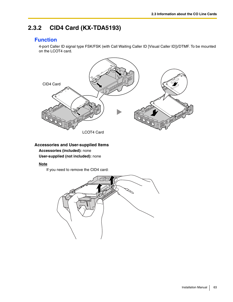 2 cid4 card (kx-tda5193), Function | Panasonic HYBRID IP-PBX KX-TDA50 User Manual | Page 63 / 158