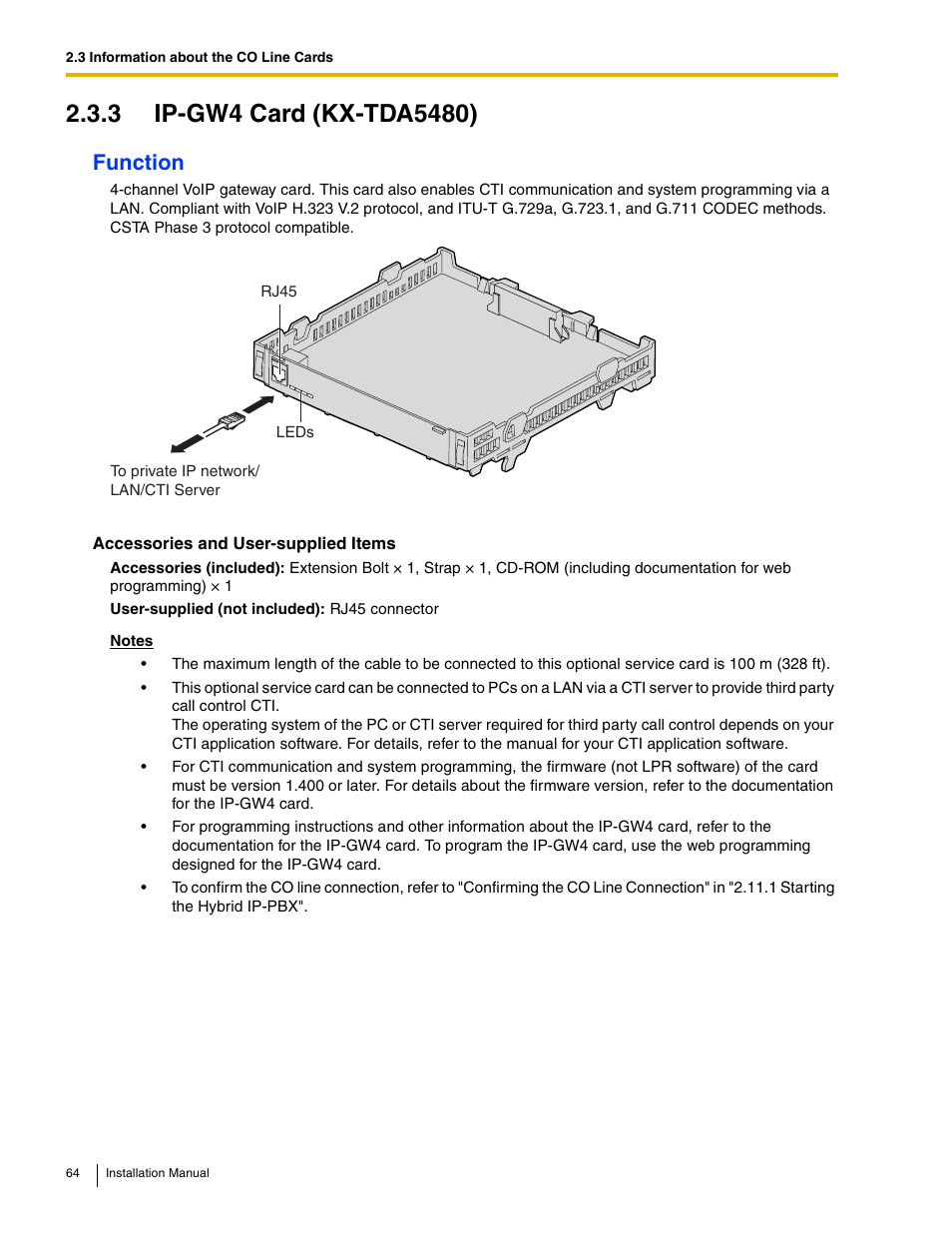 3 ip-gw4 card (kx-tda5480), Function | Panasonic HYBRID IP-PBX KX-TDA50 User Manual | Page 64 / 158