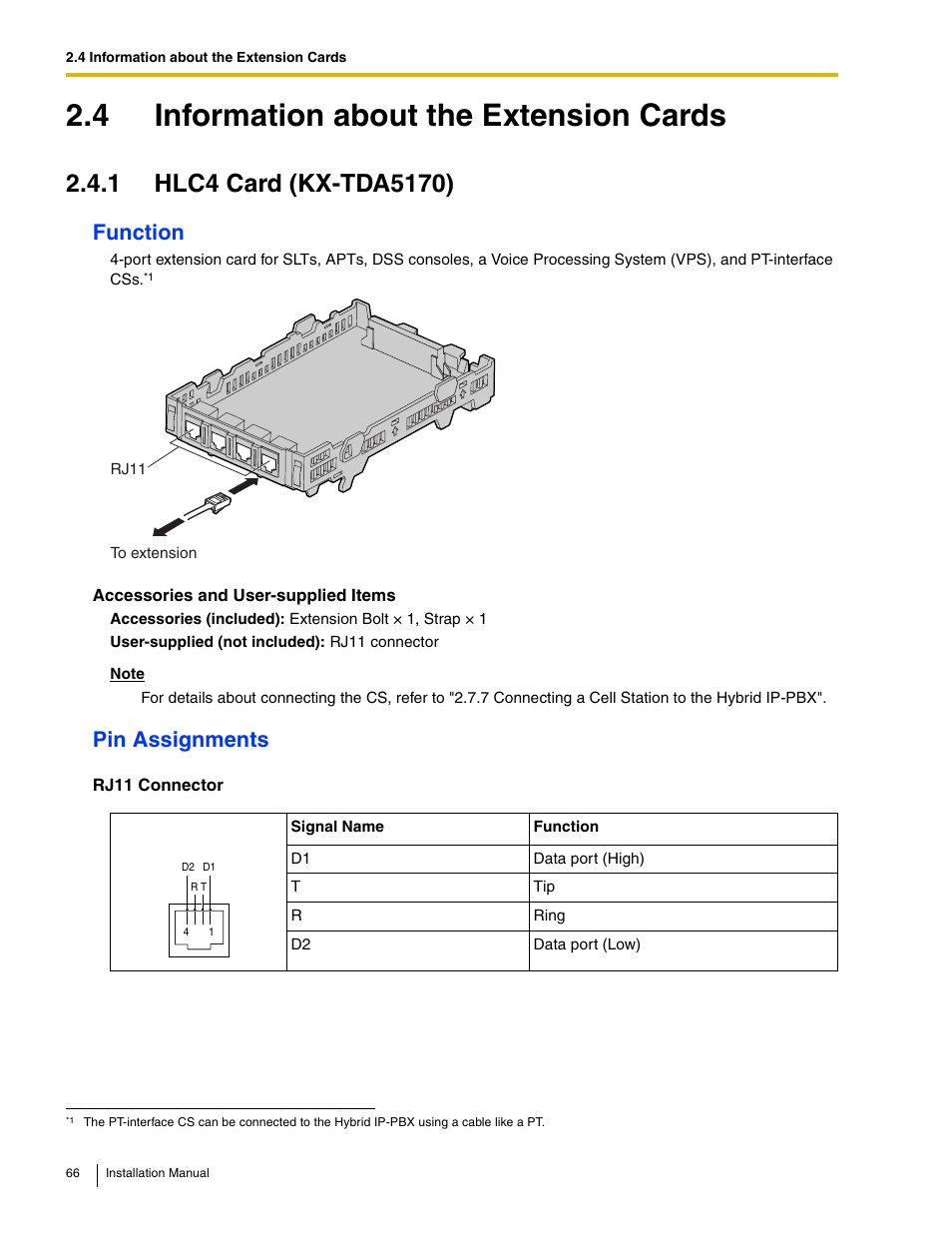 4 information about the extension cards, 1 hlc4 card (kx-tda5170), Function | Pin assignments | Panasonic HYBRID IP-PBX KX-TDA50 User Manual | Page 66 / 158