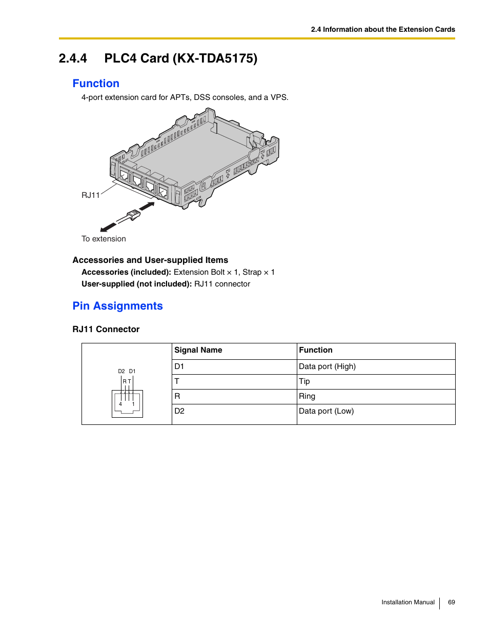 4 plc4 card (kx-tda5175), Function, Pin assignments | Panasonic HYBRID IP-PBX KX-TDA50 User Manual | Page 69 / 158