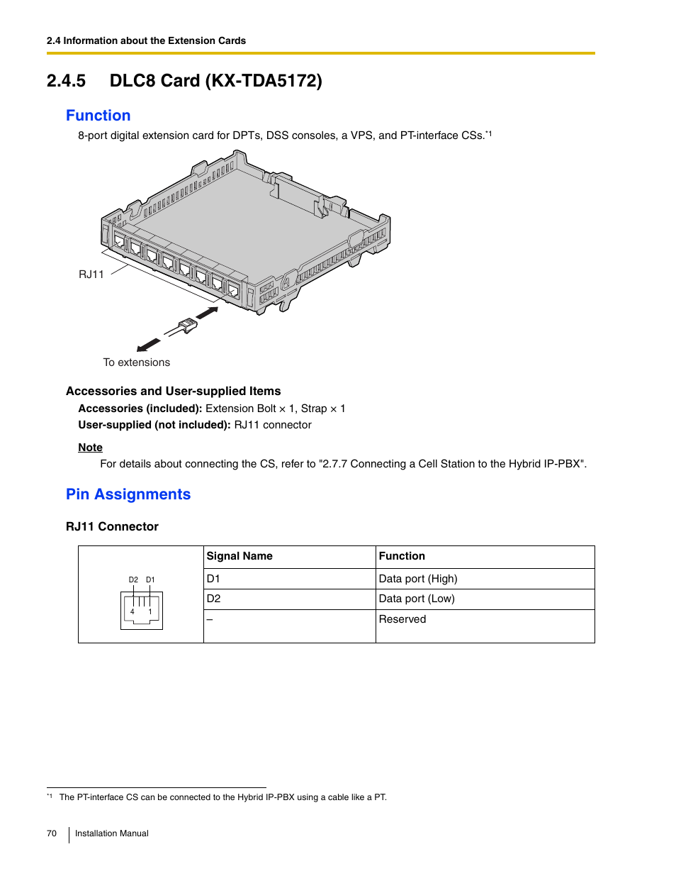 5 dlc8 card (kx-tda5172), Function, Pin assignments | Panasonic HYBRID IP-PBX KX-TDA50 User Manual | Page 70 / 158