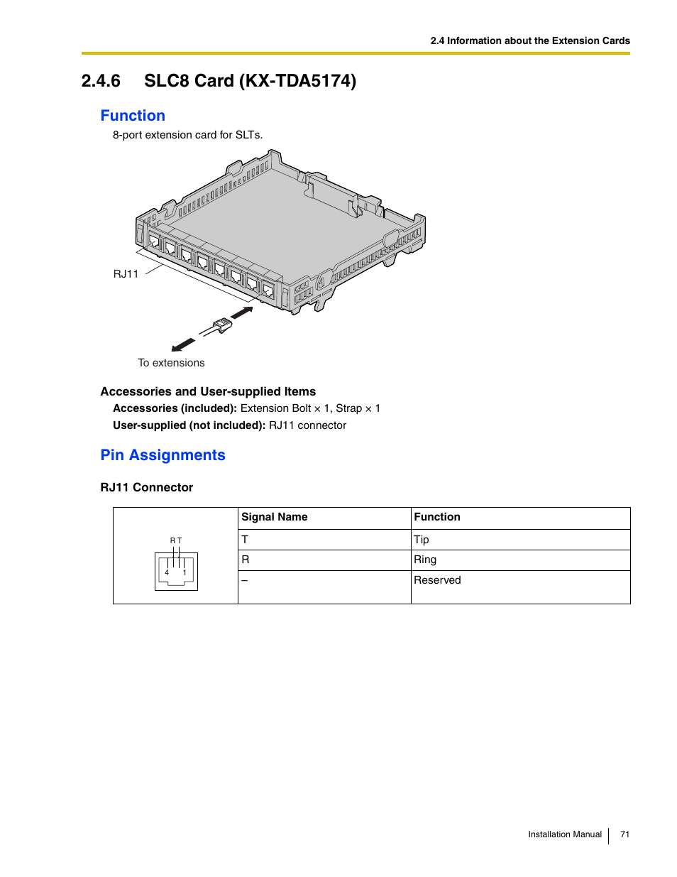 6 slc8 card (kx-tda5174), Function, Pin assignments | Panasonic HYBRID IP-PBX KX-TDA50 User Manual | Page 71 / 158