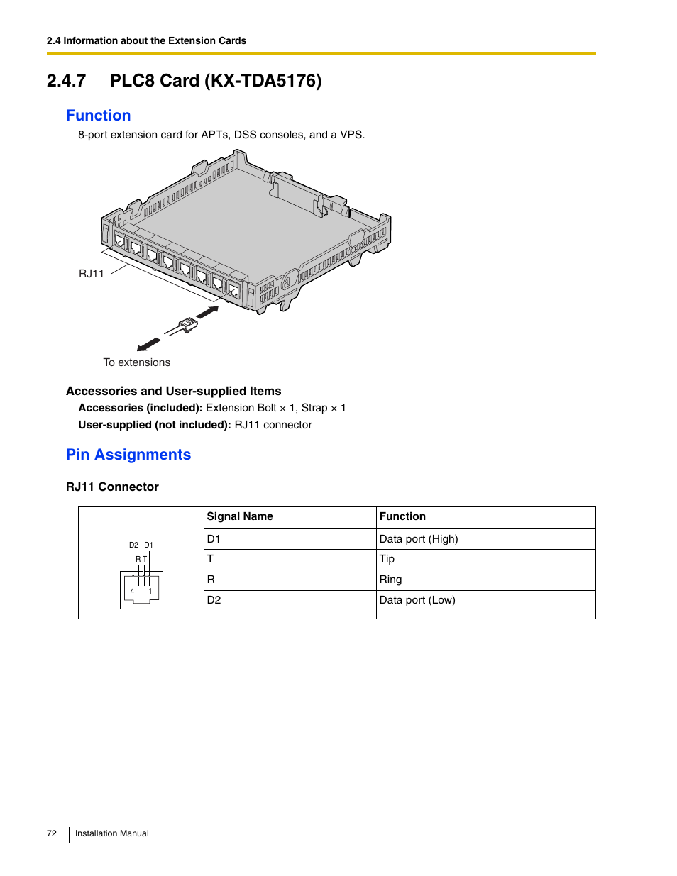 7 plc8 card (kx-tda5176), Function, Pin assignments | Panasonic HYBRID IP-PBX KX-TDA50 User Manual | Page 72 / 158