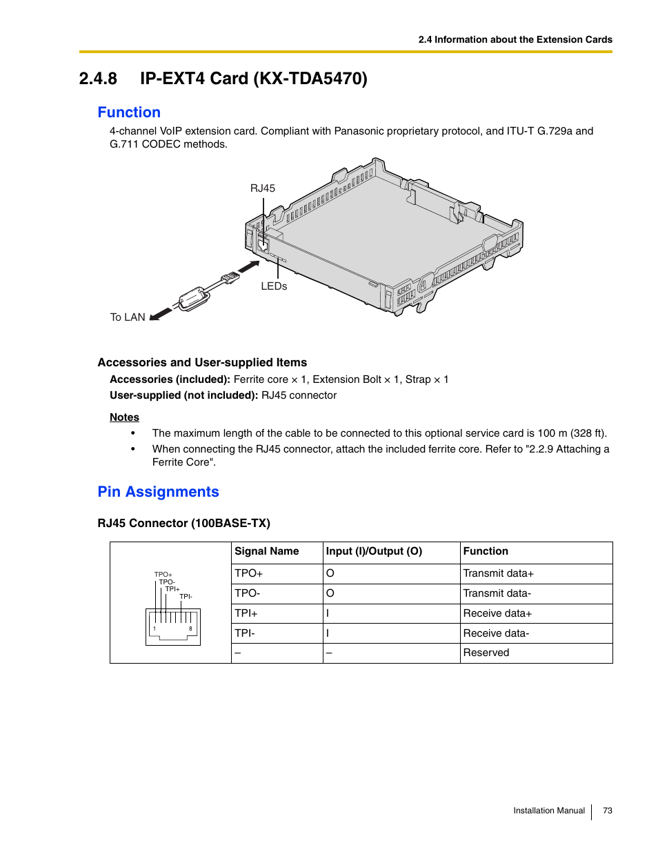 8 ip-ext4 card (kx-tda5470), Function, Pin assignments | Panasonic HYBRID IP-PBX KX-TDA50 User Manual | Page 73 / 158