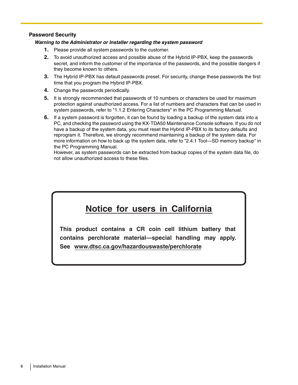 Notice, Users, California | Panasonic HYBRID IP-PBX KX-TDA50 User Manual | Page 8 / 158
