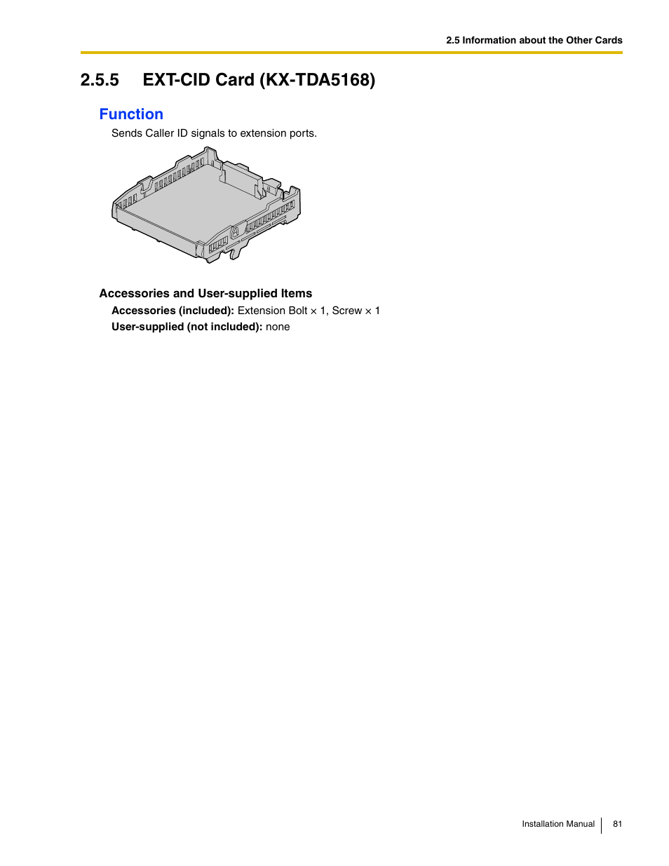5 ext-cid card (kx-tda5168), Function | Panasonic HYBRID IP-PBX KX-TDA50 User Manual | Page 81 / 158