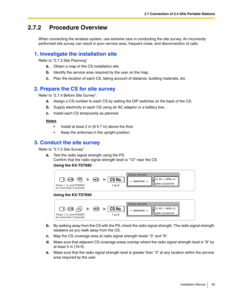 2 procedure overview, Investigate the installation site, Prepare the cs for site survey | Conduct the site survey | Panasonic HYBRID IP-PBX KX-TDA50 User Manual | Page 95 / 158