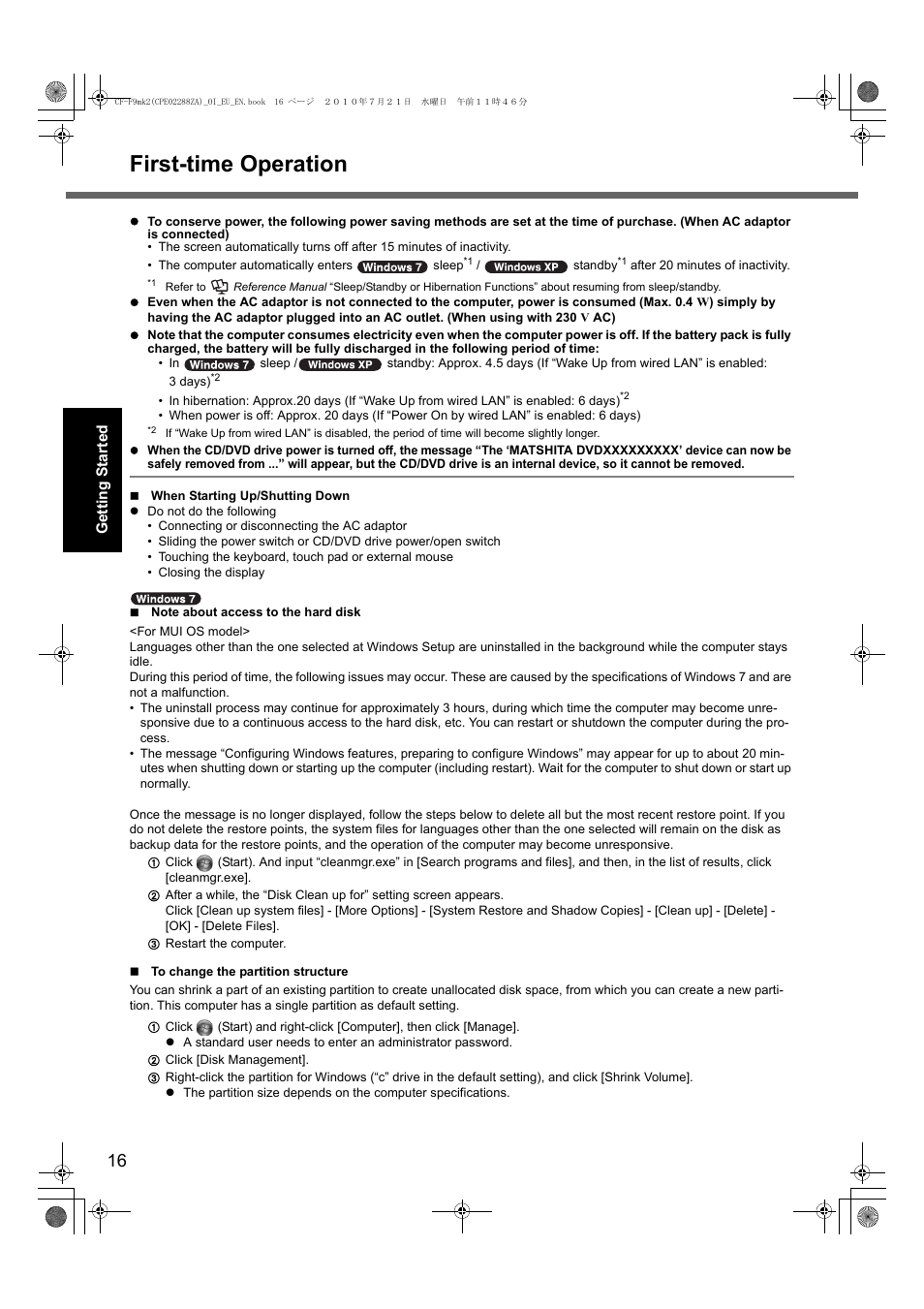 First-time operation | Panasonic CF-F9 User Manual | Page 16 / 36