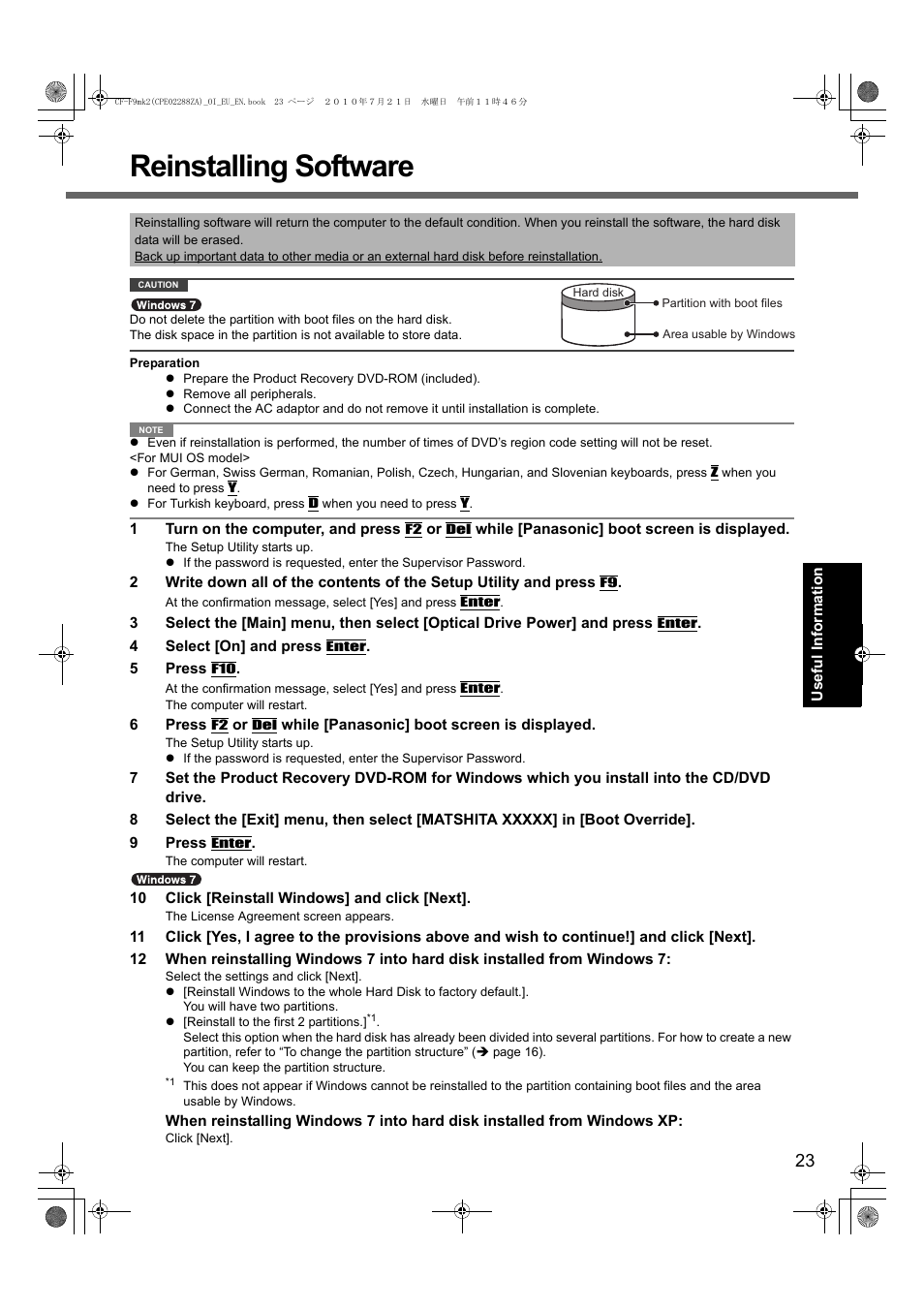 Reinstalling software | Panasonic CF-F9 User Manual | Page 23 / 36