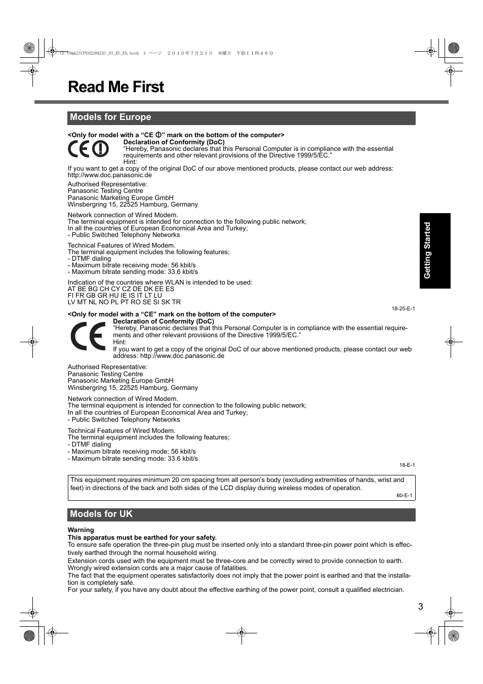 Read me first, Models for europe, Models for uk | Panasonic CF-F9 User Manual | Page 3 / 36