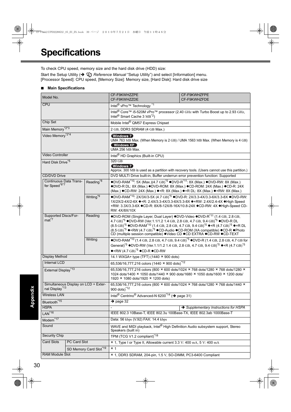 Specifications | Panasonic CF-F9 User Manual | Page 30 / 36