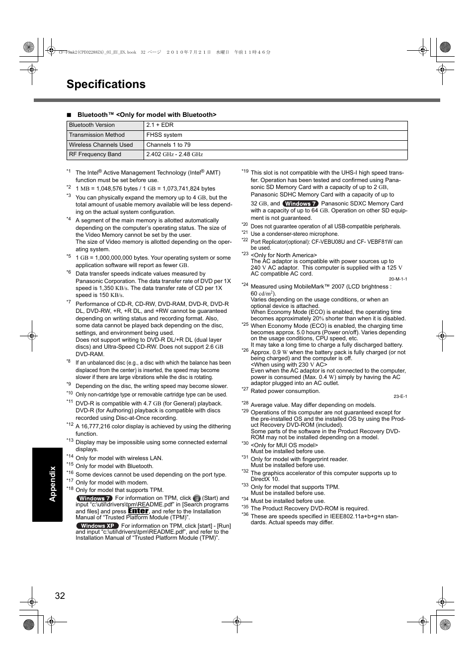 Specifications | Panasonic CF-F9 User Manual | Page 32 / 36