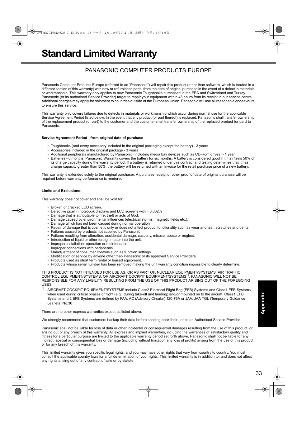 Standard limited warranty, Panasonic computer products europe | Panasonic CF-F9 User Manual | Page 33 / 36