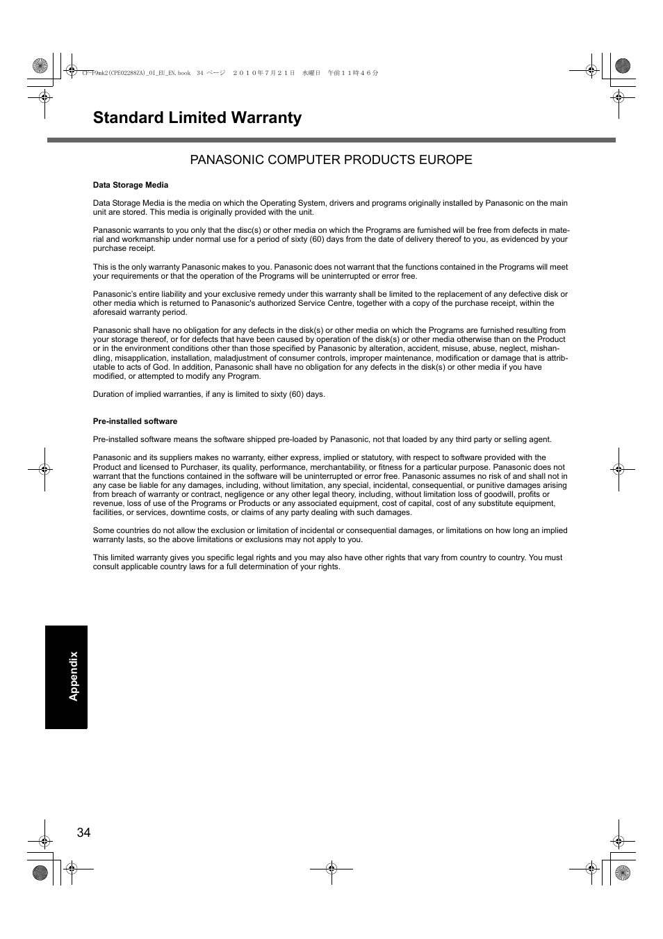 Standard limited warranty, Panasonic computer products europe | Panasonic CF-F9 User Manual | Page 34 / 36