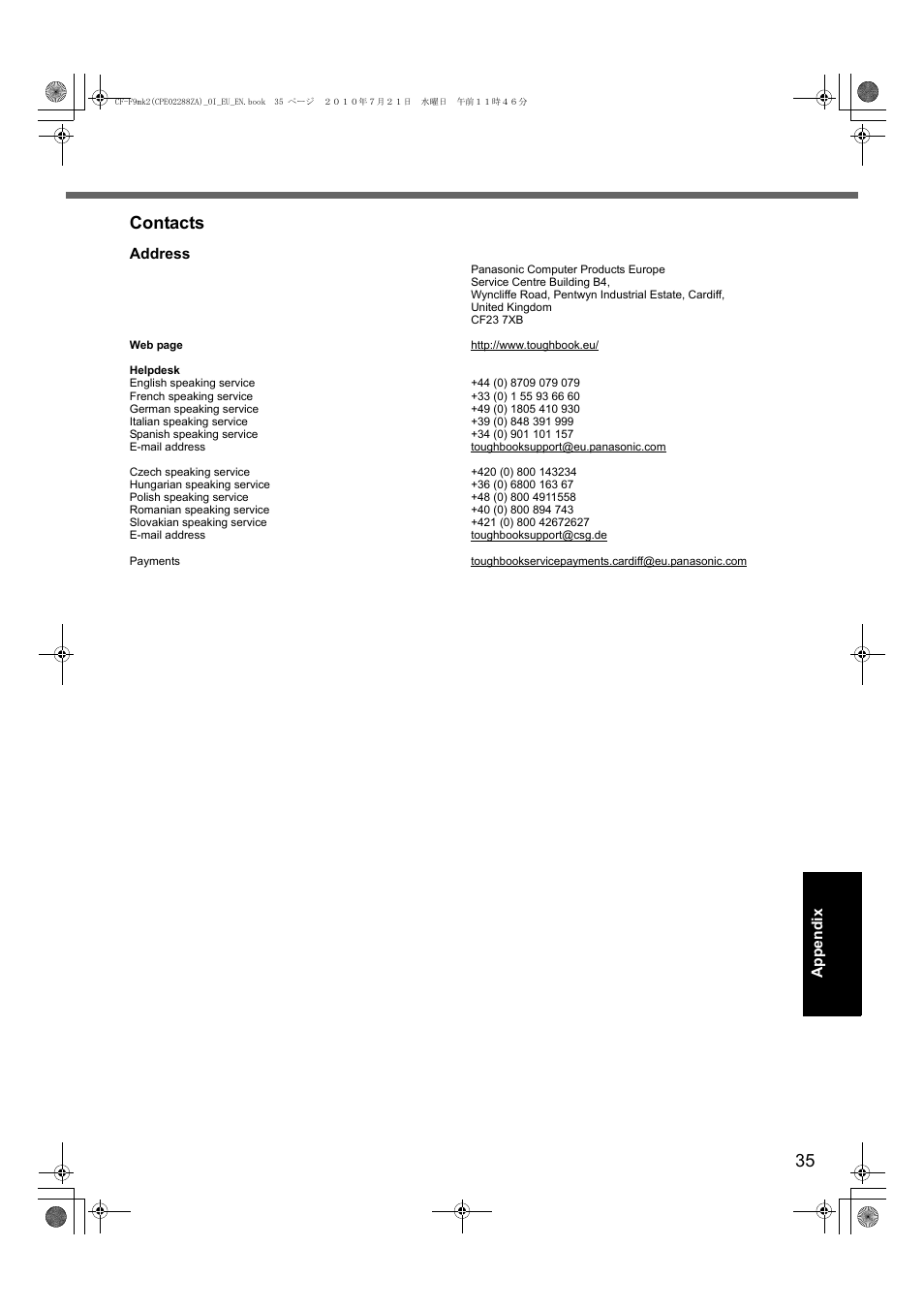 Contacts | Panasonic CF-F9 User Manual | Page 35 / 36