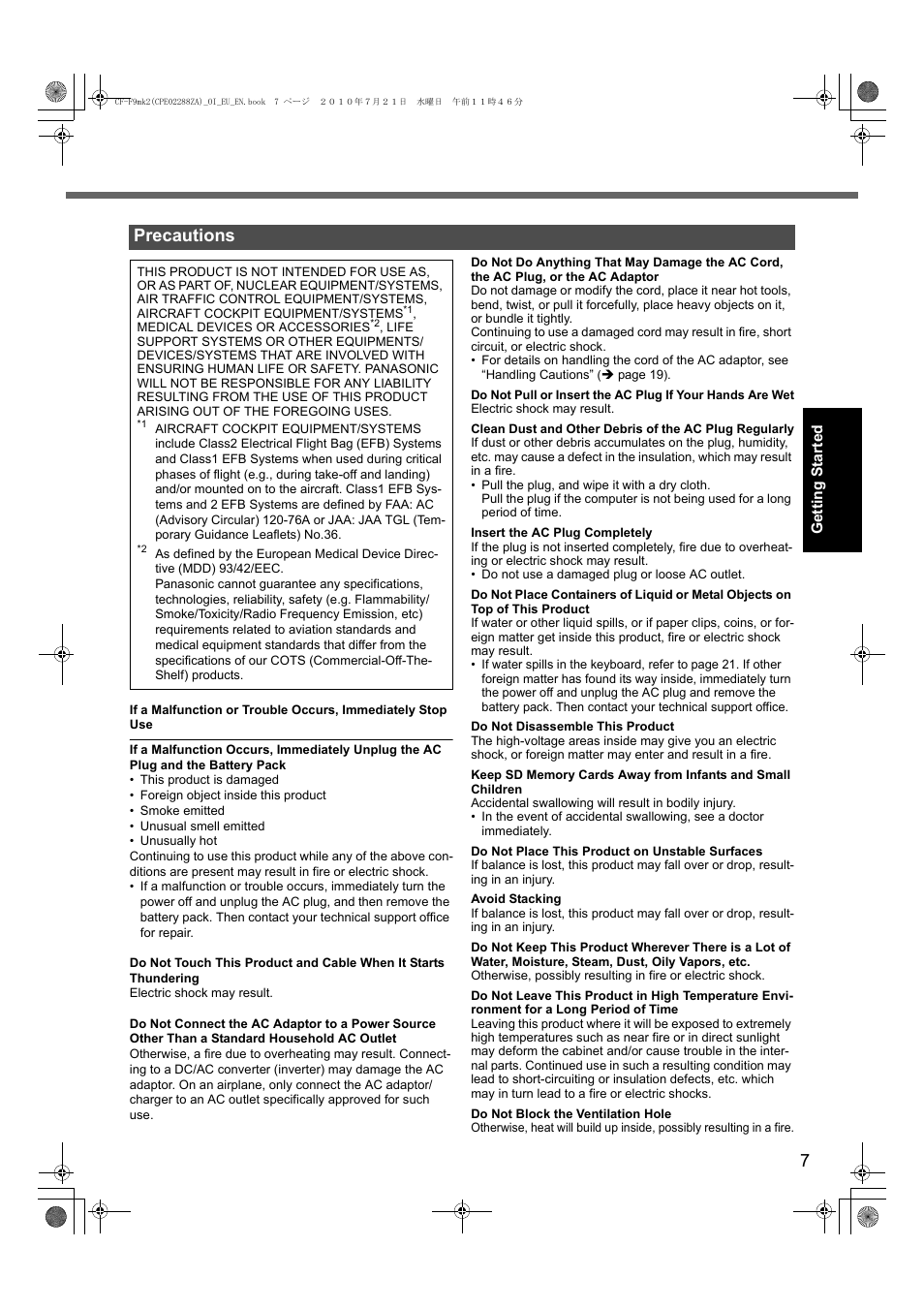 Precautions | Panasonic CF-F9 User Manual | Page 7 / 36