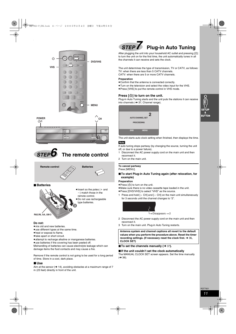 Step 6 the remote control, Step 7 plug-in auto tuning, Step | The remote control, Plug-in auto tuning, Batteries, Press [ í ] to turn on the unit | Panasonic SC-HT830V User Manual | Page 11 / 52