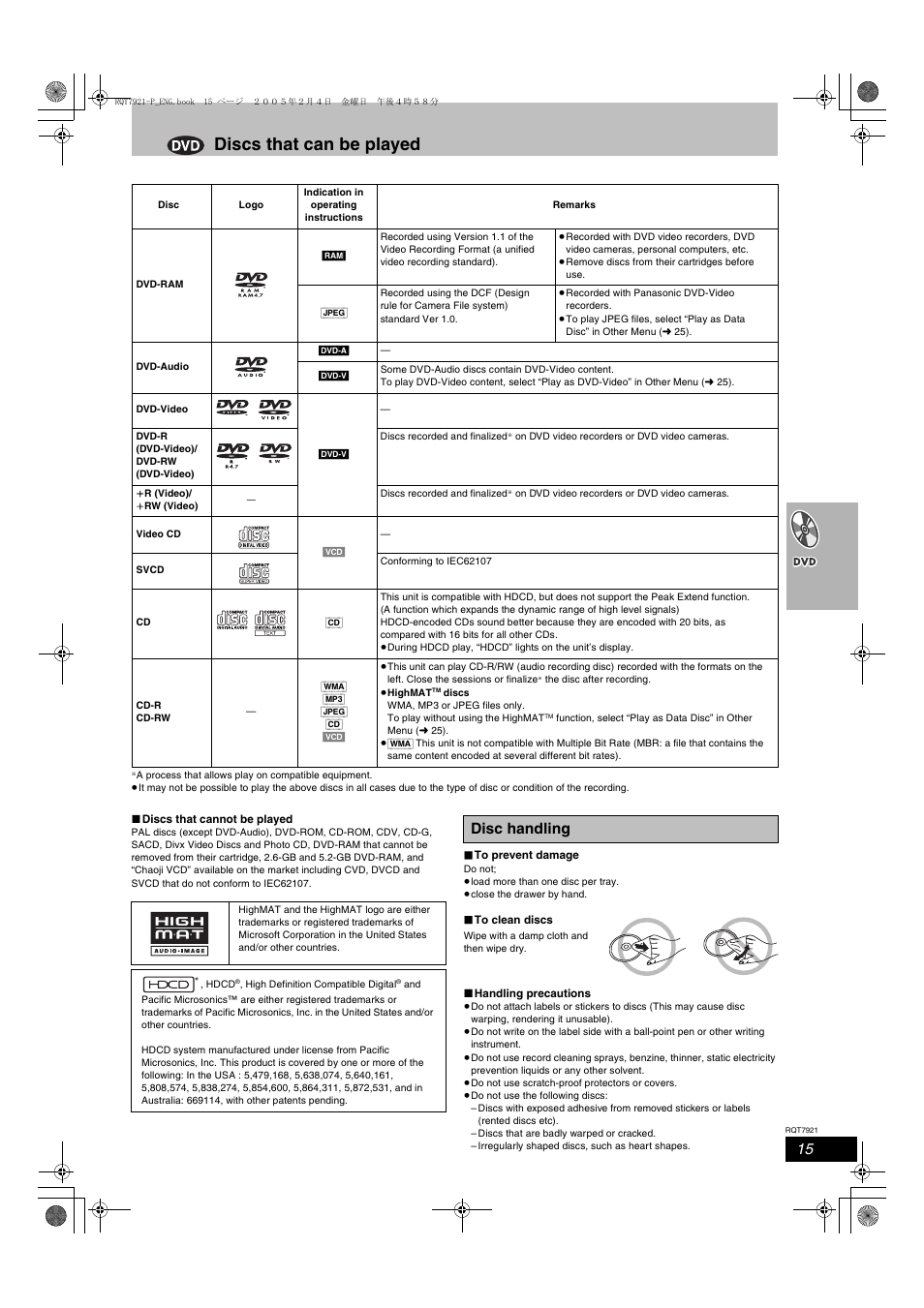 Discs that can be played, Disc handling | Panasonic SC-HT830V User Manual | Page 15 / 52